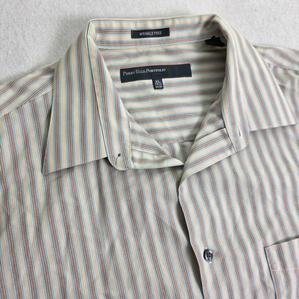 Perry Ellis Portfolio Mens XL Wrinkle Free Cotton Striped Button Down Shirt Blue